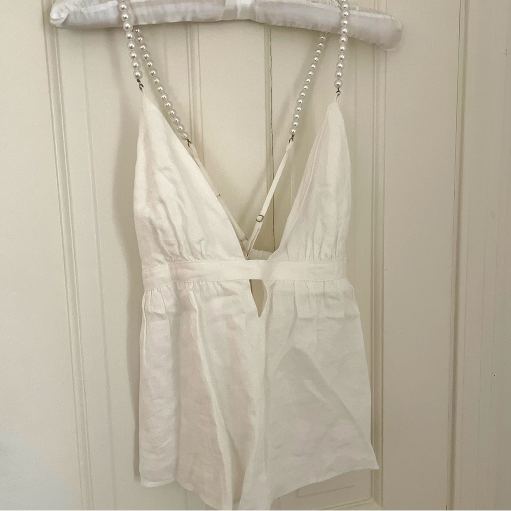 CAMI NYC Rose Cami in White Linen with Pearl Straps, Small